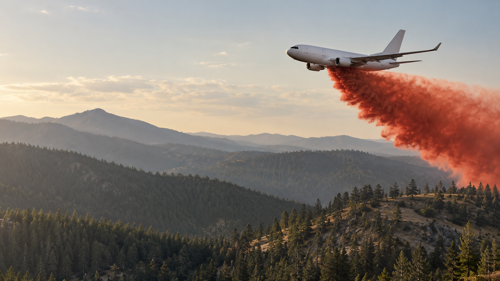 Illustrative aerial tanker releasing red retardant over a forested ridge