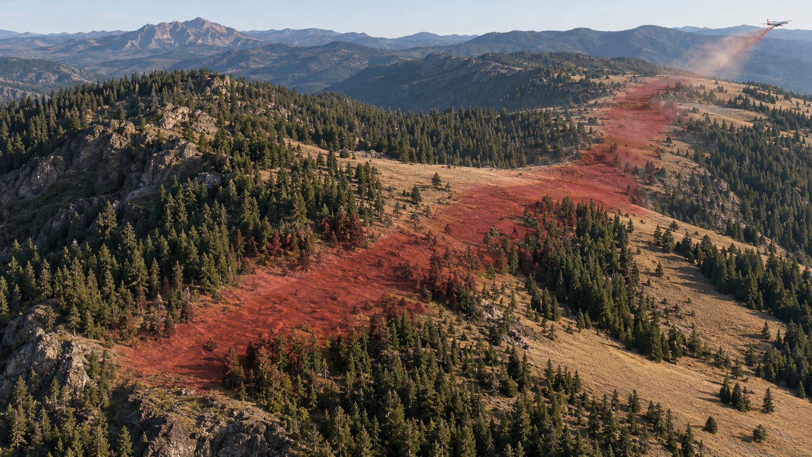 Illustrative view of a red retardant line across dry vegetation and a forested ridge